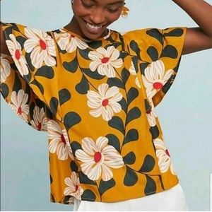 Anthro Eva Franco Flutter Sleeve Floral Blouse Mustard Yellow